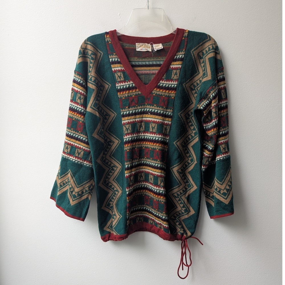 Vtg 80s Sweater Teal Red Geometric V-Neck Bell Sleeve Drawstring Hem Sz L Boho